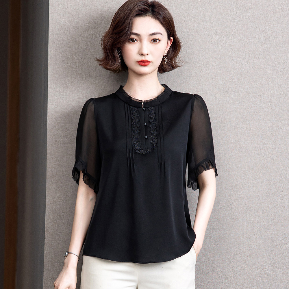 爆款雪纺衫女2022夏季新款高档短袖韩版上衣遮肉洋气气质显瘦小衫