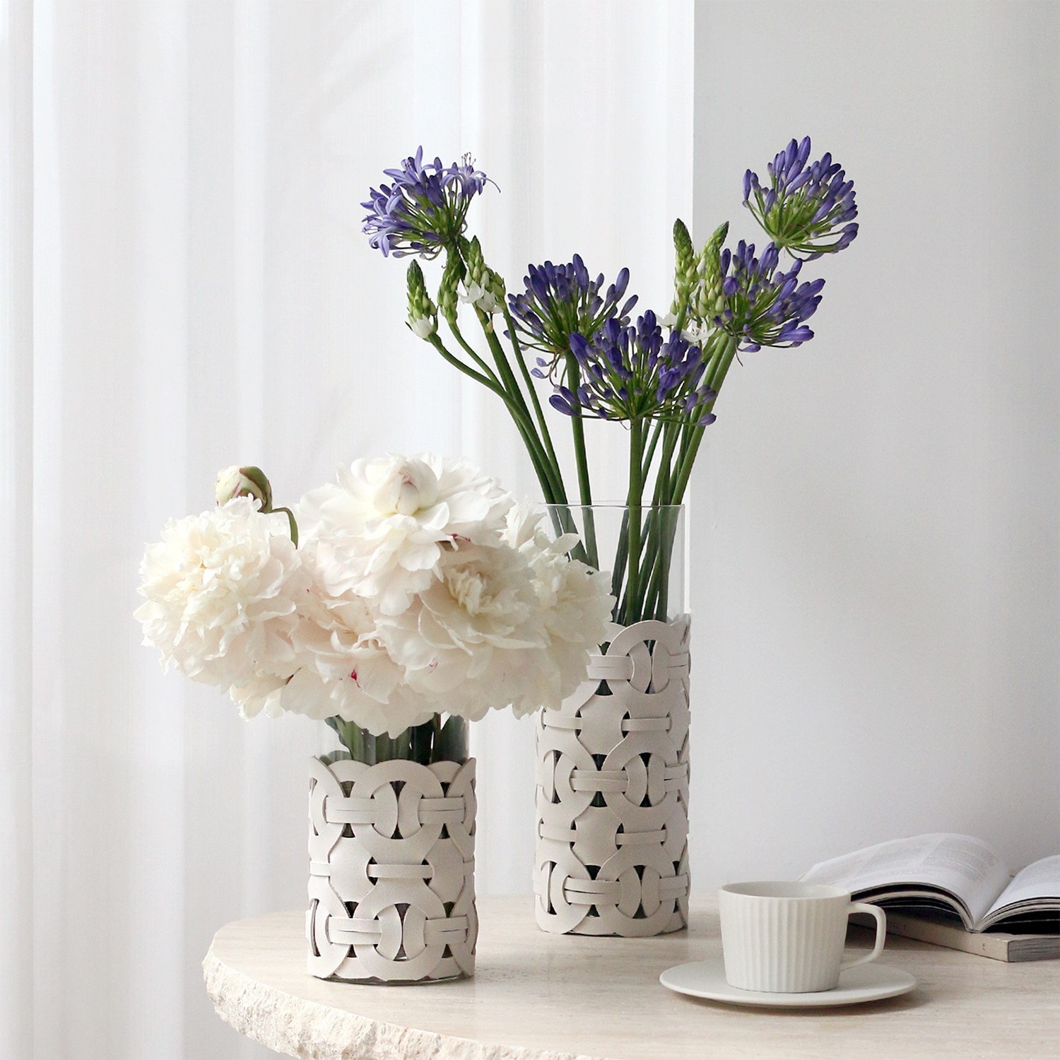 现代直筒玻璃花瓶创意编织皮革花器简约家用花瓶