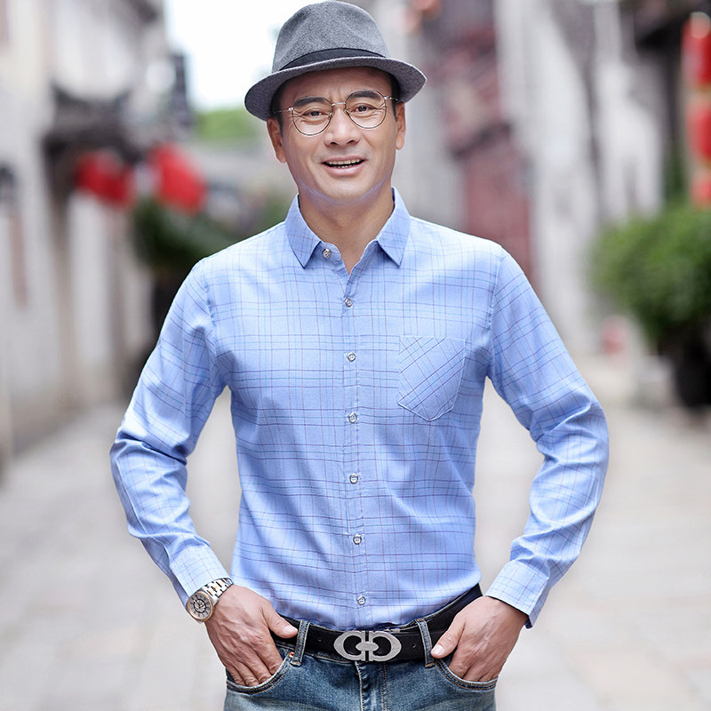 中老年衬衫长袖爸爸装男4050岁薄款春秋秋季中年人衬衫