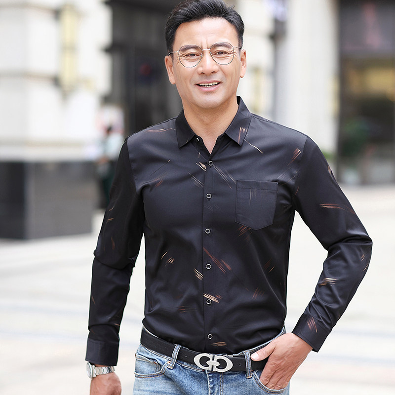 中年男士衬衫爸爸衬衣长袖中老年人男装宽松休闲衬衫