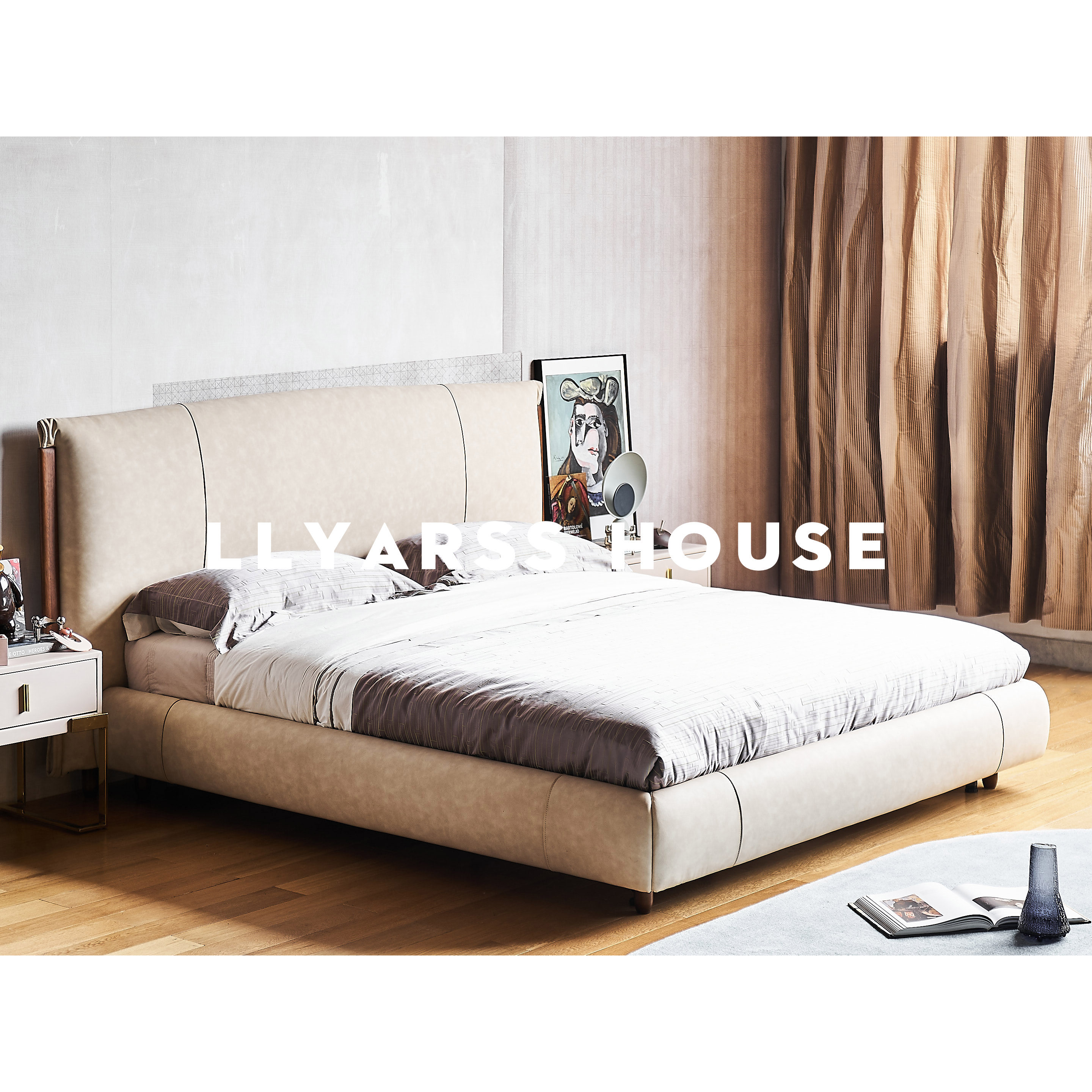 llyarss利亚斯意式现代极简布艺双人软包新款设计师布艺床