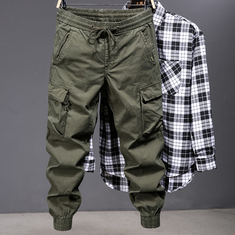 春秋工装裤男潮牌宽松束脚多口袋男生伞兵裤子户外春季纯棉休闲裤