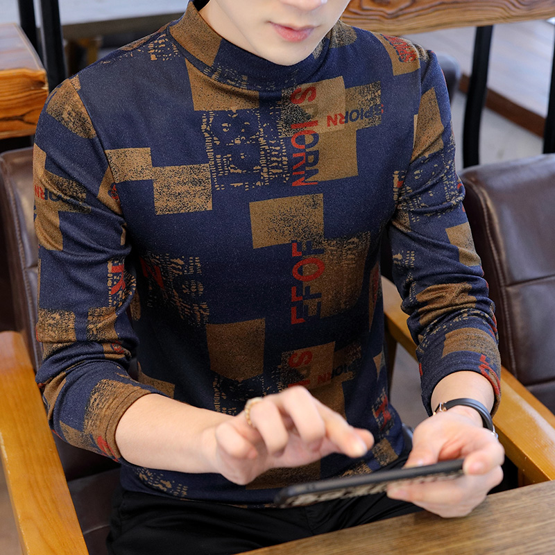 半高领t恤男印花潮流打底衫中领修身弹力内搭男士保暖衣冬季秋衣