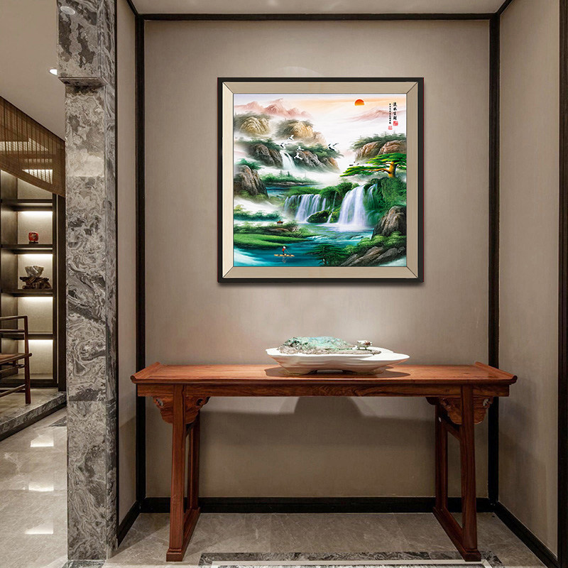 鸿运当头山水国画方形办公室壁画招财风水客厅装饰画玄关靠山挂画