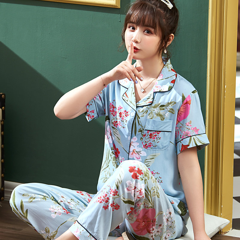 夏季韩版开休闲件套人造棉两件长裤短袖睡衣家居服睡衣