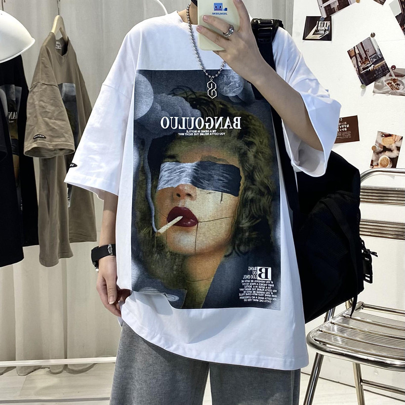 欧美印花短袖T恤男ins潮牌高街五七分袖夏季港风潮流宽松上衣体恤