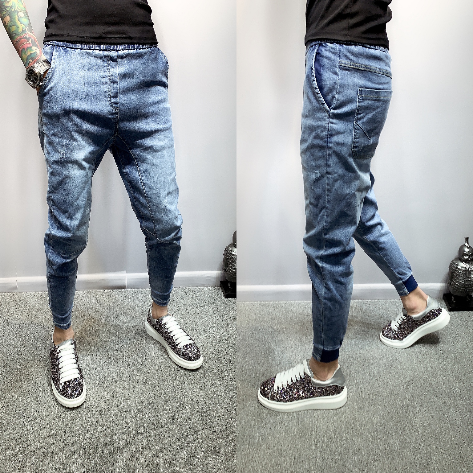 春季新款休闲牛仔小脚裤显瘦韩版修身束脚裤社会精神小伙哈伦裤男