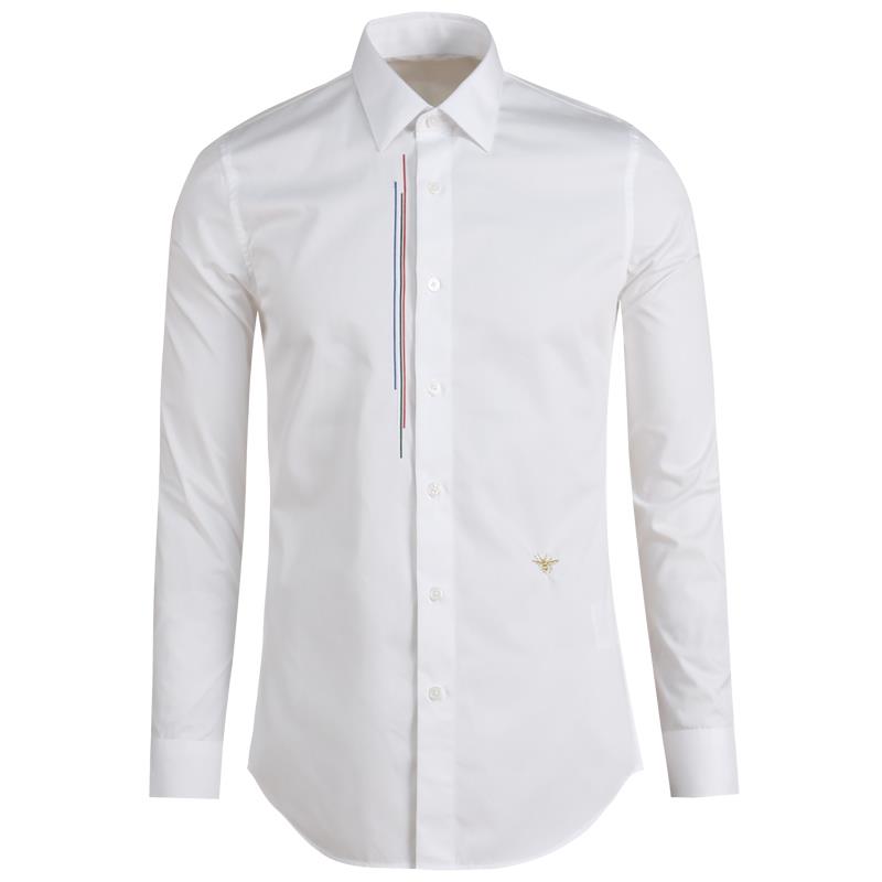 香港2022夏伯格迪奥男士长袖衬衫 小蜜蜂刺绣男装彩条寸免烫衬衣