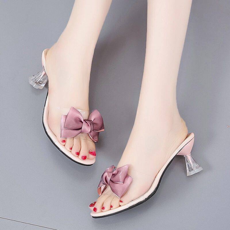 拖鞋女2020新款时尚百搭透明蝴蝶结一字拖中跟细跟夏季女士凉拖鞋
