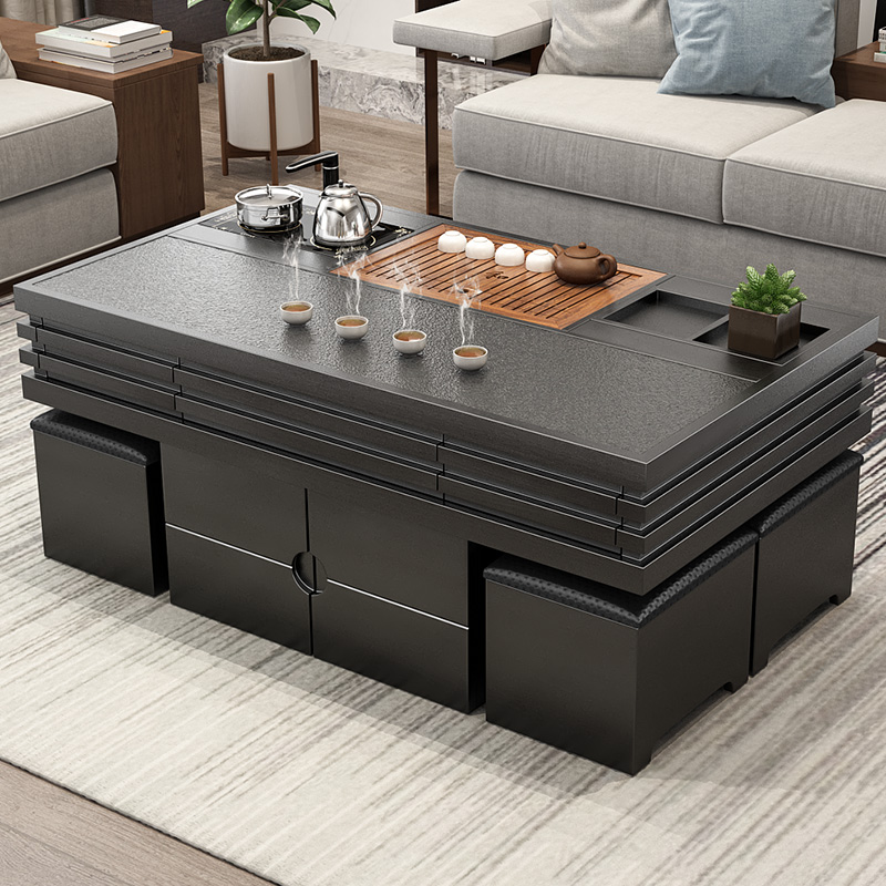 现代功夫茶几多功能火烧石茶几加高大理石泡茶台办公茶几桌椅组合