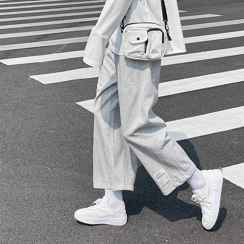 裤子男夏季潮流百搭ins潮牌阔腿休闲裤九分直筒宽松灰色运动卫裤