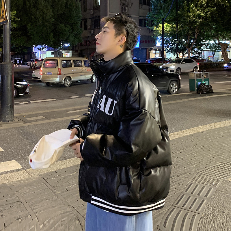 PU皮棉服男ins潮牌冬季加厚设计感小众韩版潮流宽松立领棉衣外套