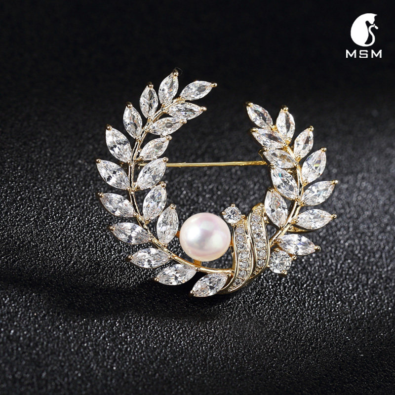 陌上猫原创设计淡水珍珠大牌胸针橄榄枝气质名媛胸花时尚外套配饰
