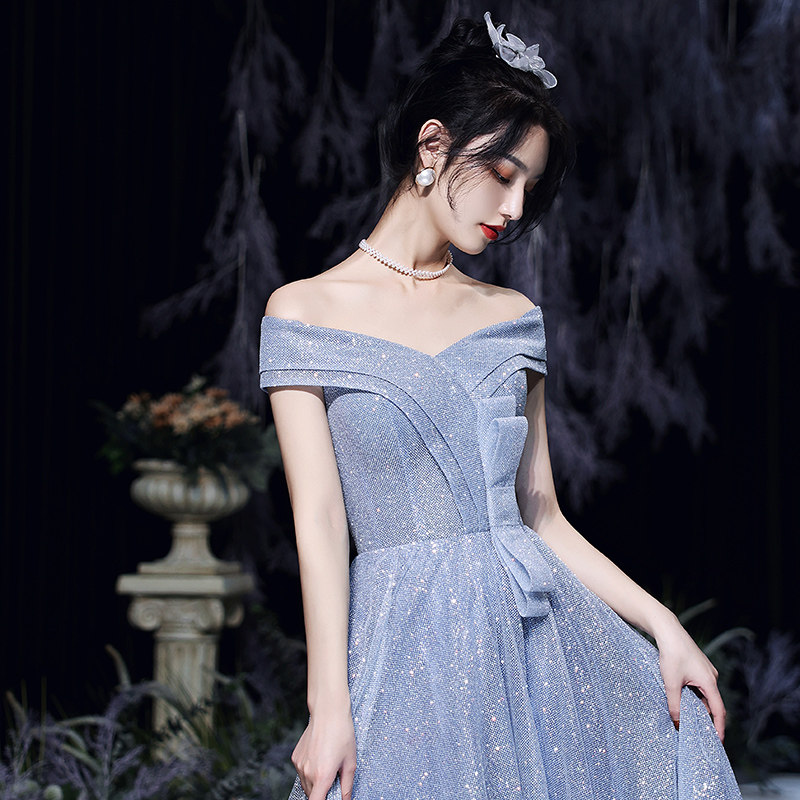 晚礼服女2020新款气质宴会主持人高贵优雅时尚一字肩蓝色连衣裙