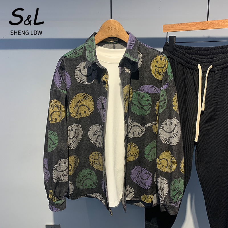 圣罗帝威潮流宽松笑脸印花百搭男士长袖衬衫秋季纯棉休闲翻领外套