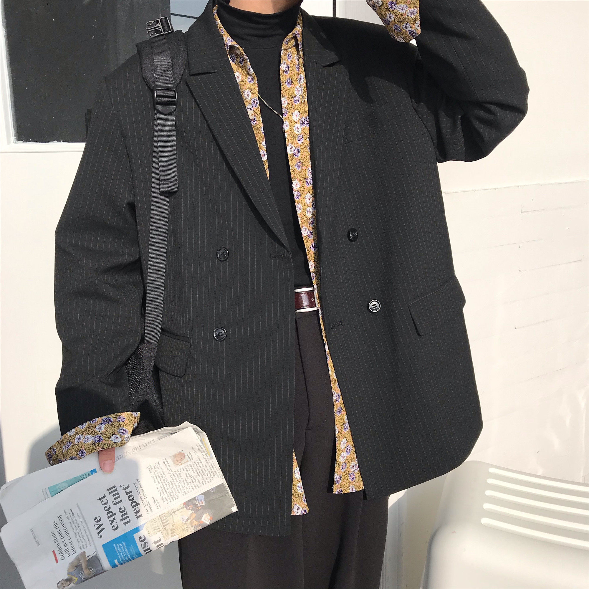 秋冬oversize条纹西装外套男韩版潮流休闲痞帅小西西服