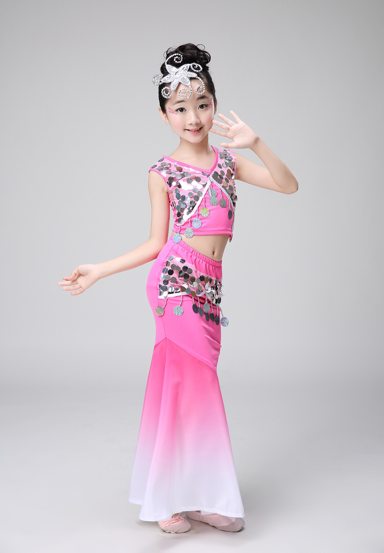 傣族舞蹈服装女童云南孔雀舞演出服少数民族儿童女孩鱼尾裙表演服