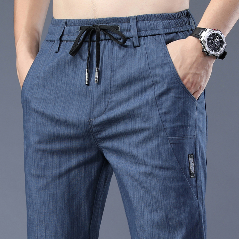 蓝色冰丝牛仔长裤男夏季薄款2022年新款直筒宽松紧腰运动休闲裤子