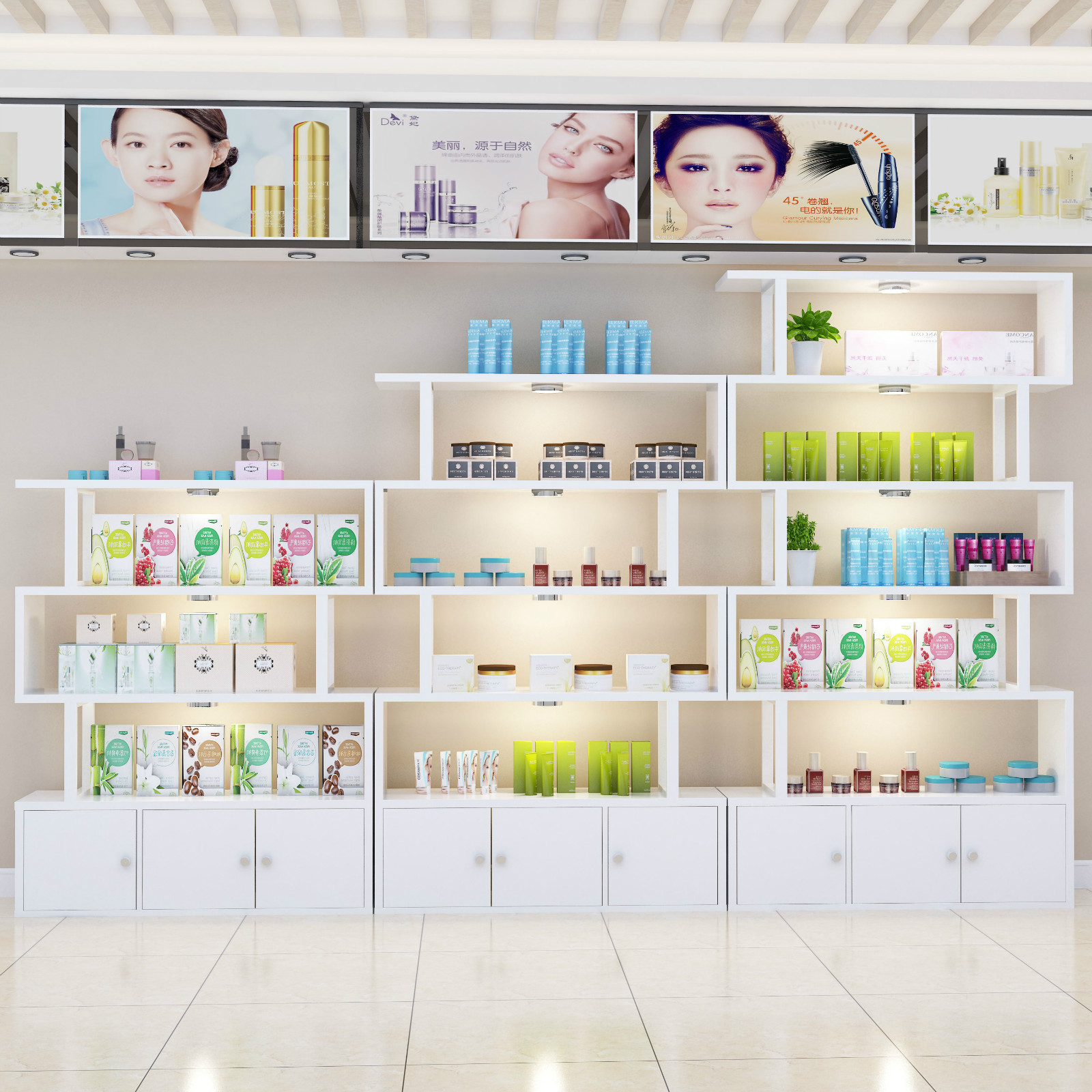 化妆品展示柜美容院产品展柜美甲店货架多层展架带灯简约现代柜子
