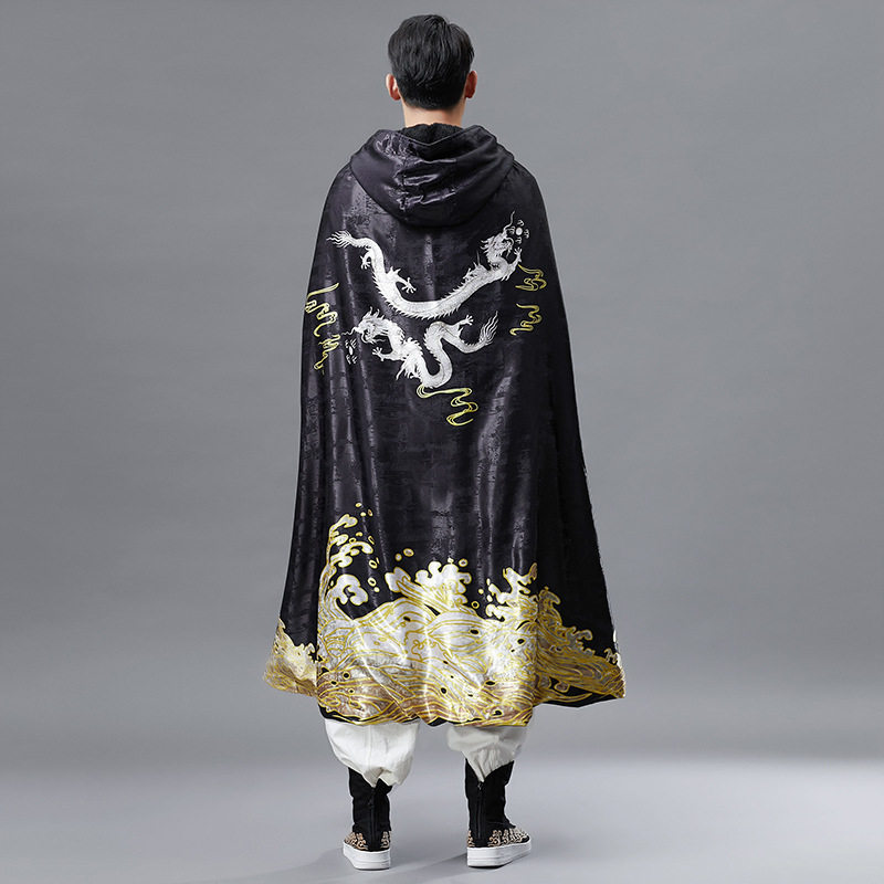 麻凡布衣复古秋季新款金龙带帽披风风斗篷男中国风衣