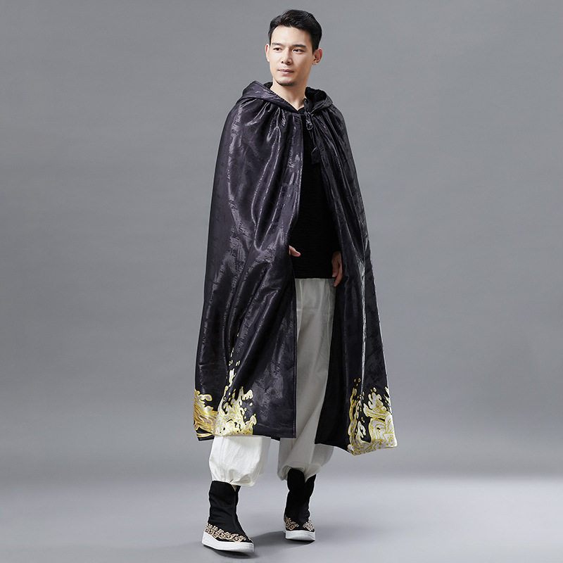 麻凡布衣复古秋季新款金龙带帽披风风斗篷男中国风衣