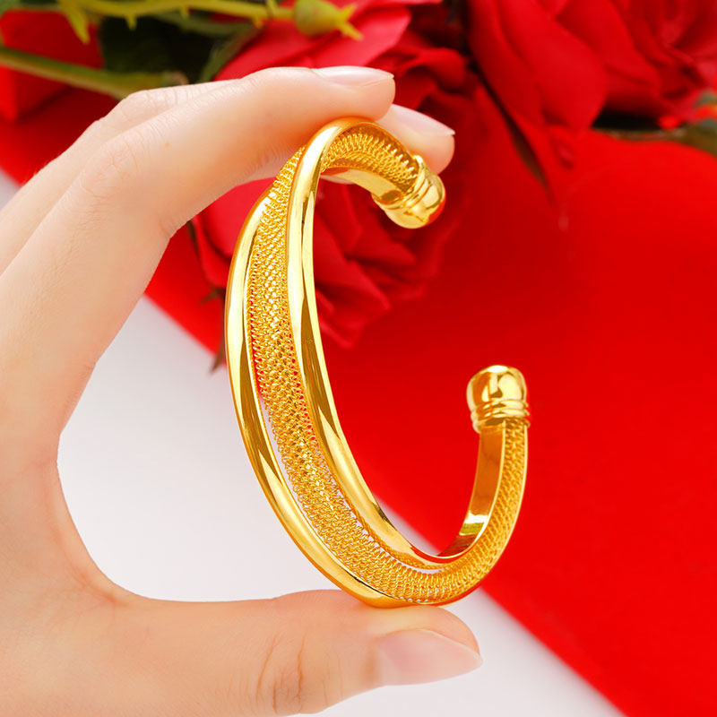 沙金开口手镯女士镀金镂空手环仿真黄金宽面手镯