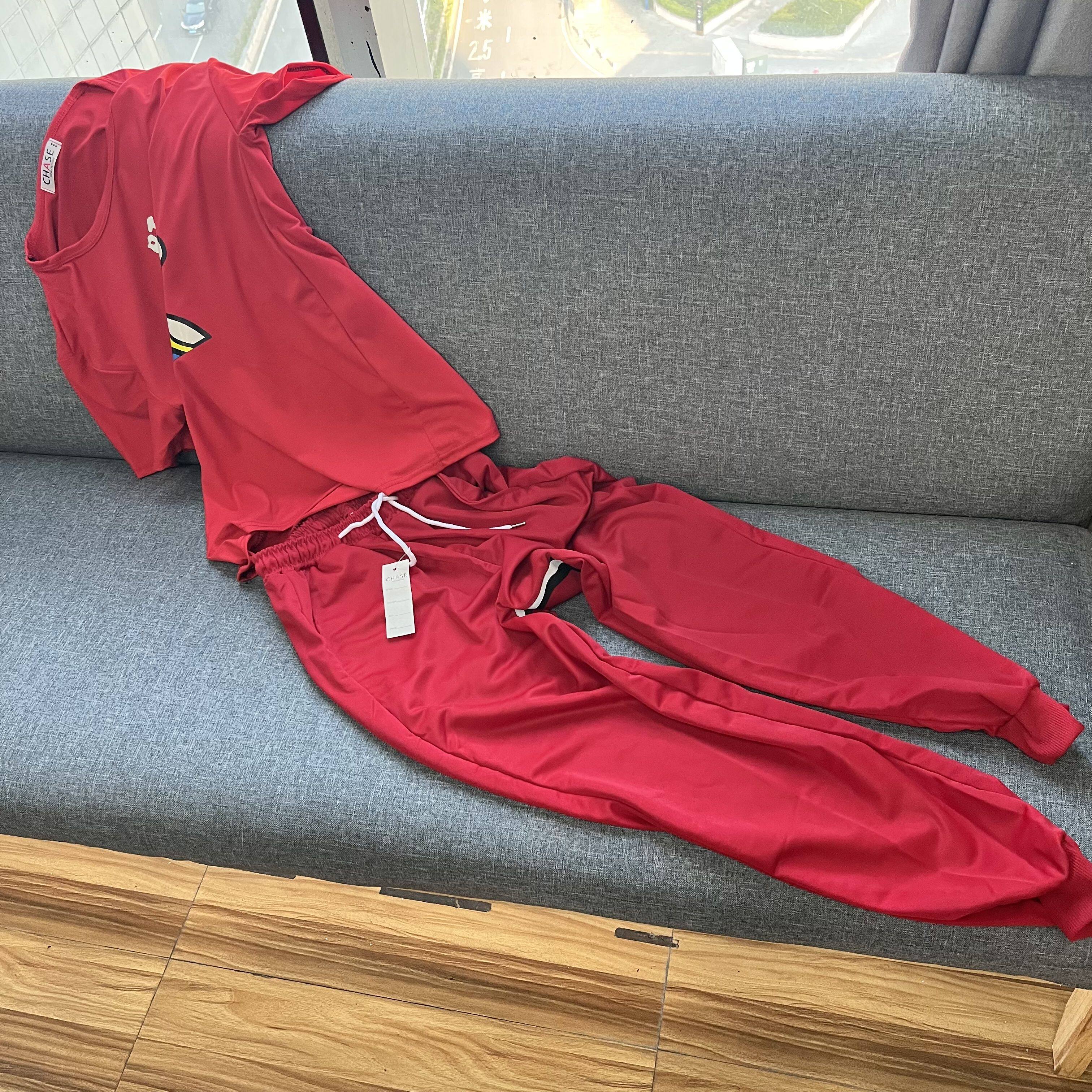 抖音网红旺仔紧身衣套装衣服精神小伙红色短袖t恤