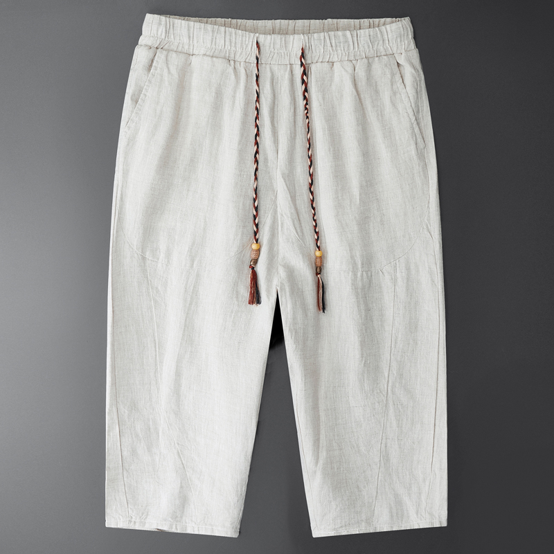 松紧腰亚麻休闲短裤男七分裤夏季青年宽松直筒薄款透气简约裤子