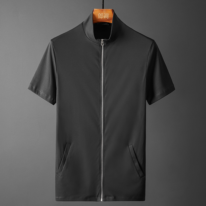 拉链开衫T恤男夏季潮牌简约帅气薄款半袖修身丝光棉透气短袖衣服
