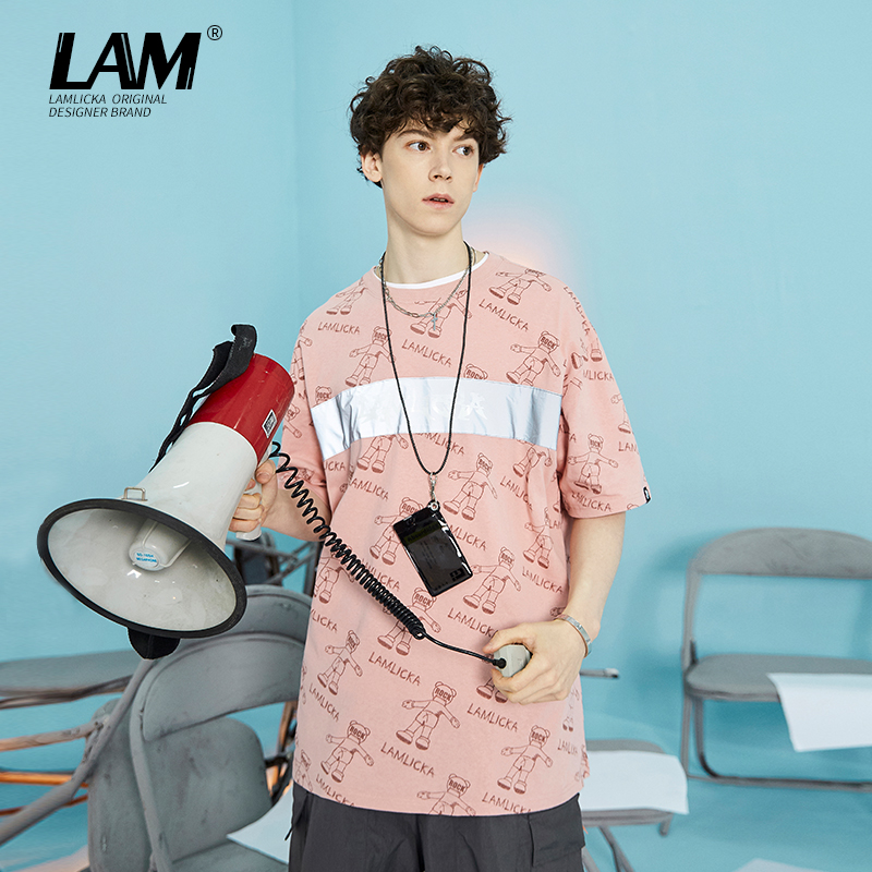 2021字母印花粉色反光条t恤男潮牌短袖宽松圆领套头情侣休闲半袖