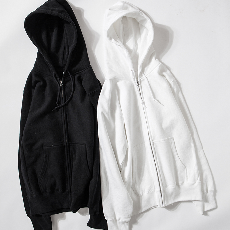 日式复古重磅横向编织纯棉连帽开衫拉链卫衣男女纯色春秋休闲帽衫