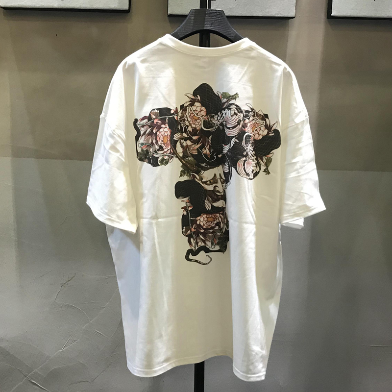 ins美国潮牌印花个性短袖落肩袖欧美风般若t恤纹身系列街头半袖男