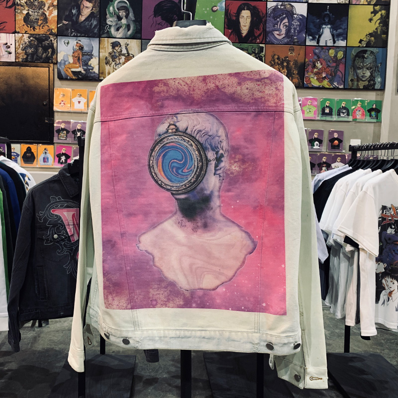 科幻大卫印花外套男女同款ins超火欧美风短款破洞牛仔夹克水洗
