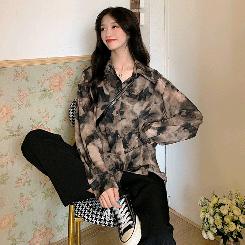 港风上衣衬衣扎染百搭学生mm大码韩版春秋衬衫