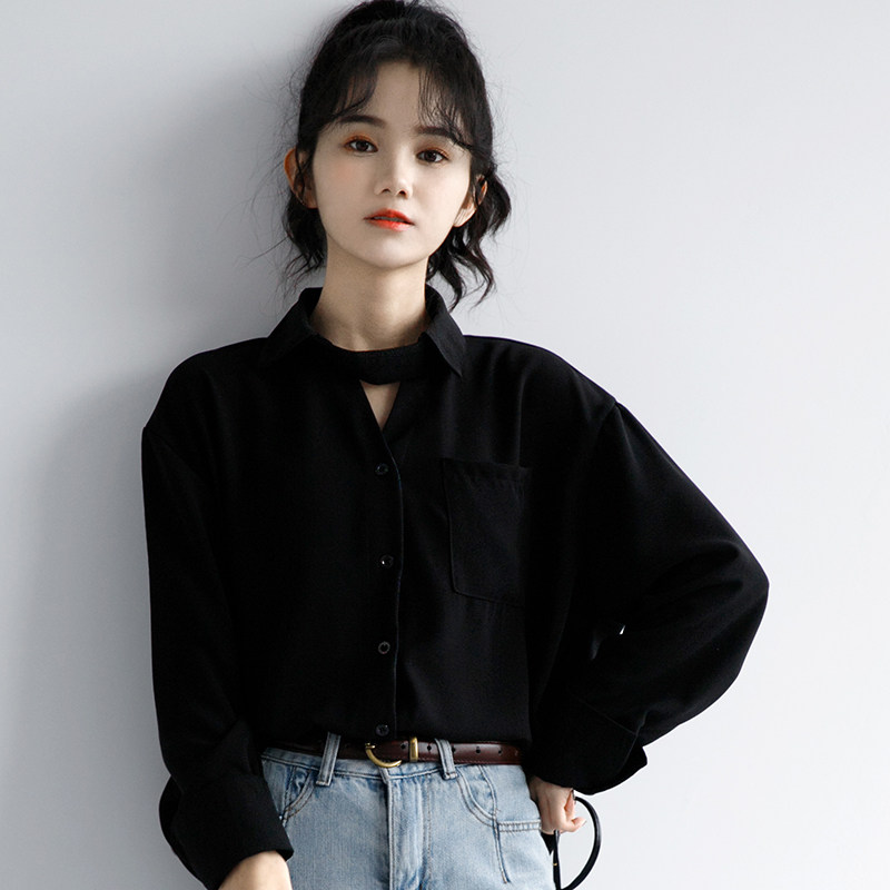 2021春季新款小众设计感衬衫女复古港风黑色polo雪纺衬衣挂脖上衣