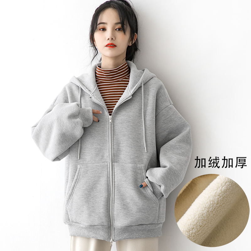 2021冬季新款羊羔毛卫衣女加绒加厚宽松学生连帽拉链开衫外套ins