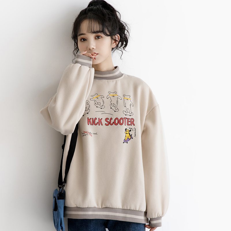 大淘人折扣商城 女装 2020冬季新款加绒加厚圆领卫衣女宽松连帽套头