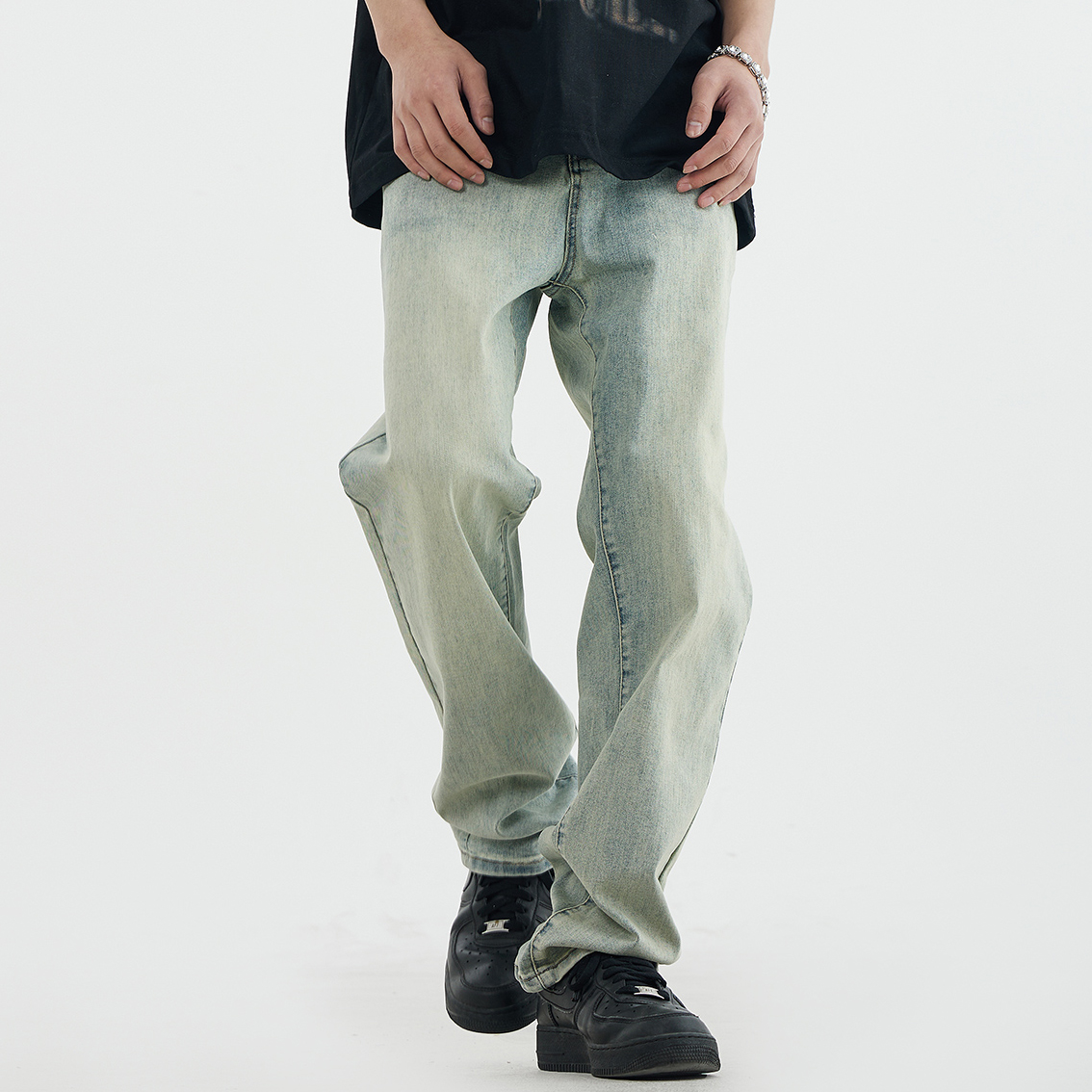 0123start 黄泥染水洗做旧直筒牛仔裤男女宽松美式复古高街休闲裤