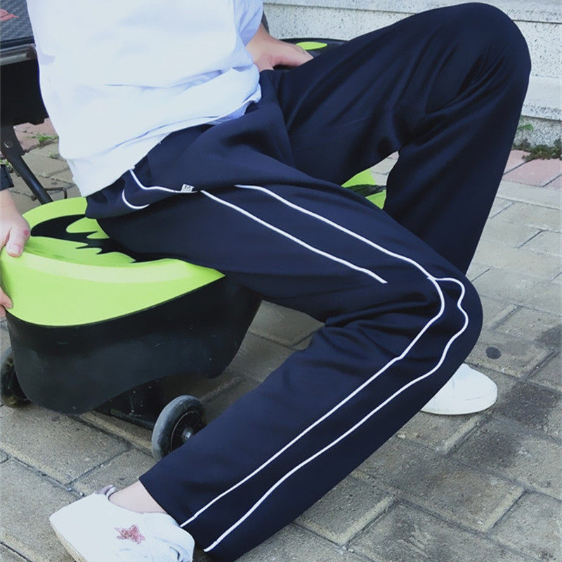 藏蓝蓝色校服裤子两道杠直筒双白细条中小学高中生运动长裤