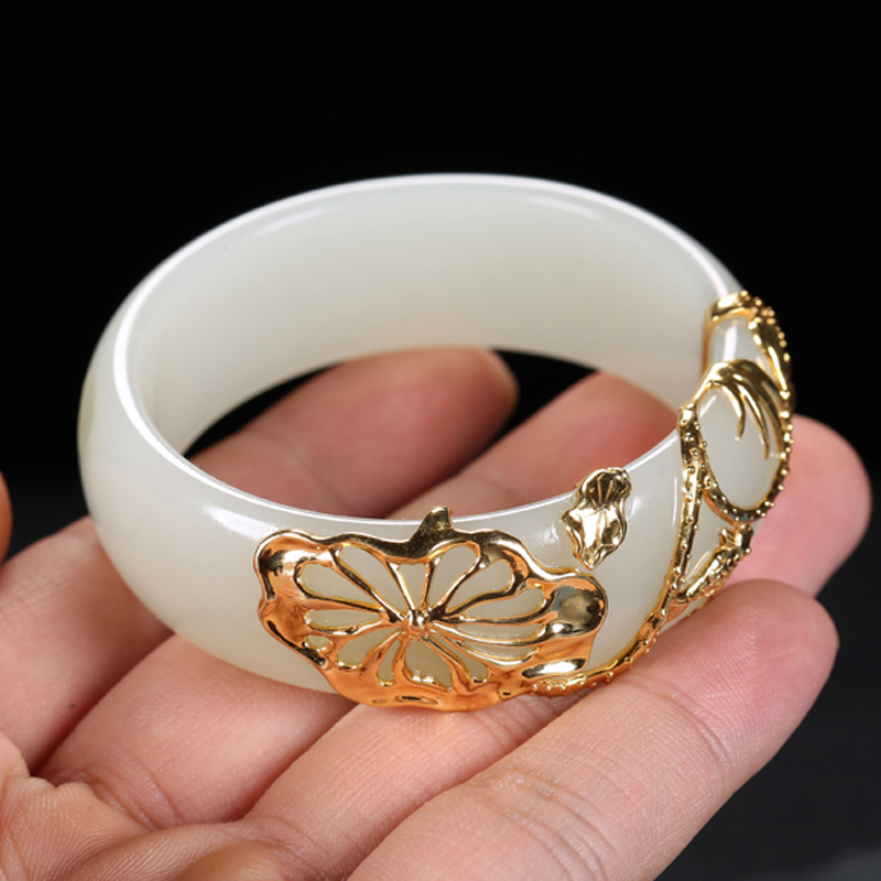 珠宝孤品和田玉籽金镶玉手镯连年有余玉镯镯子手饰