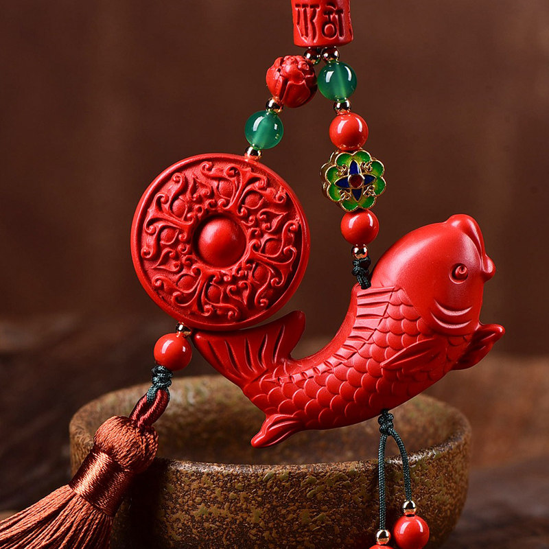原创创红朱砂汽车挂件手工车内吊饰鱼跃龙门高档车挂