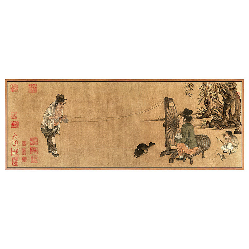 纺车图古代人物织布王居正挂画装饰画织造坊墙面装饰新中式中国风