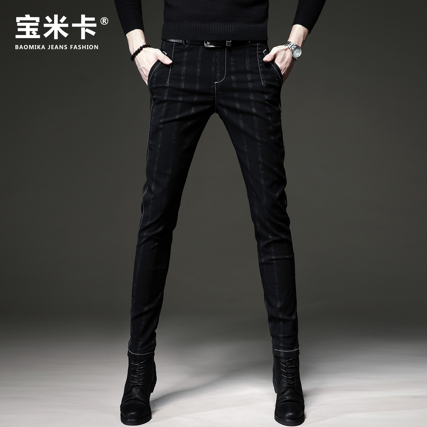 夏季新款原创潮牌轻奢条纹休闲裤男修身小脚韩版潮流束脚长裤子男