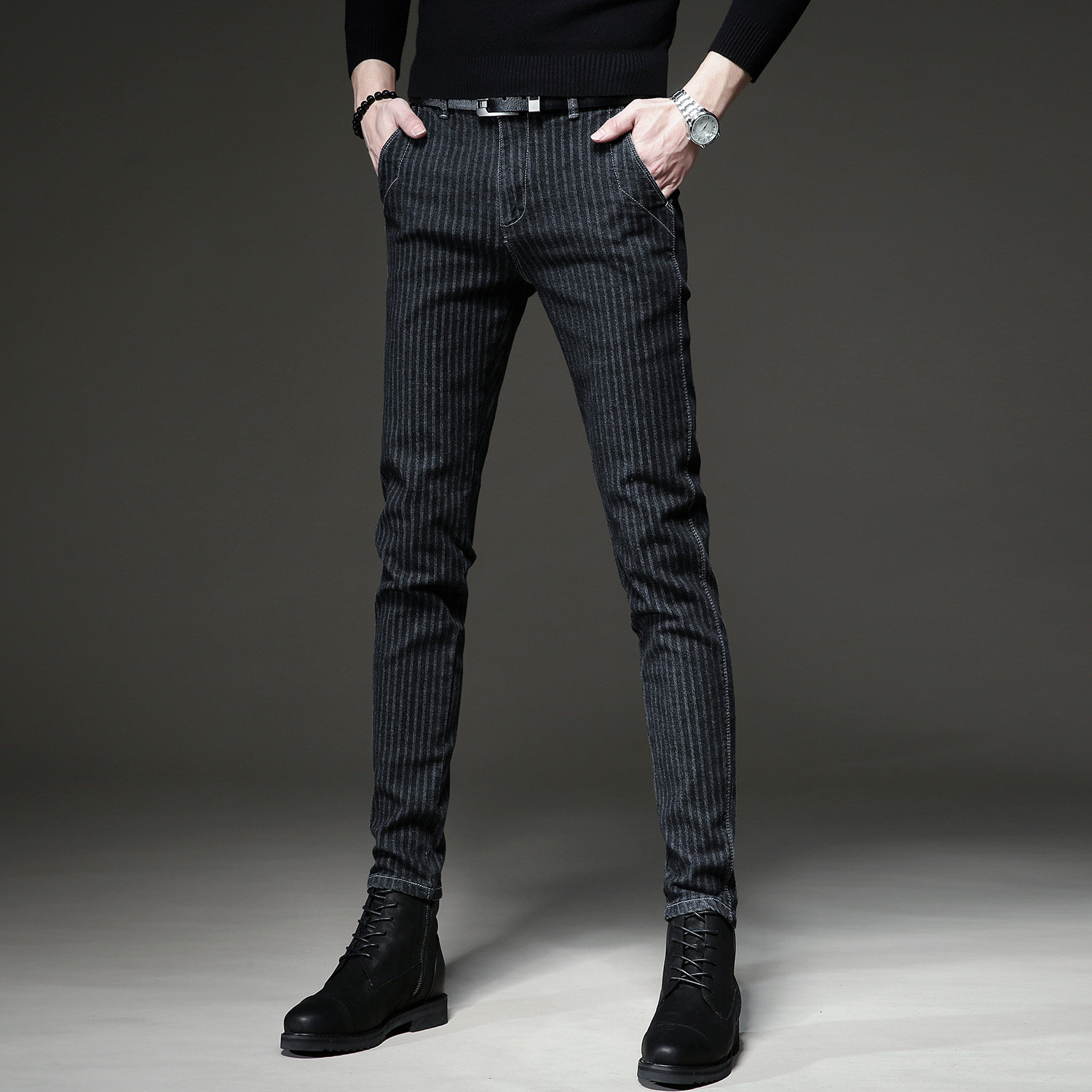高端条纹牛仔裤男士秋季薄款韩版修身百搭长裤牛仔裤