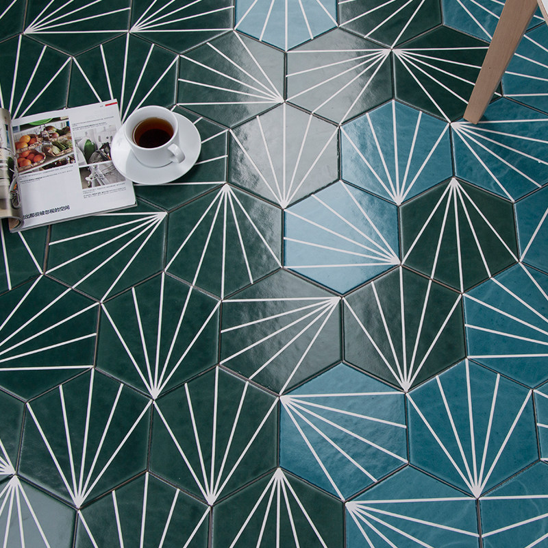 北欧风射线庭院六角砖浴室六边形花砖地砖墙砖厨房阳台瓷砖卫生间