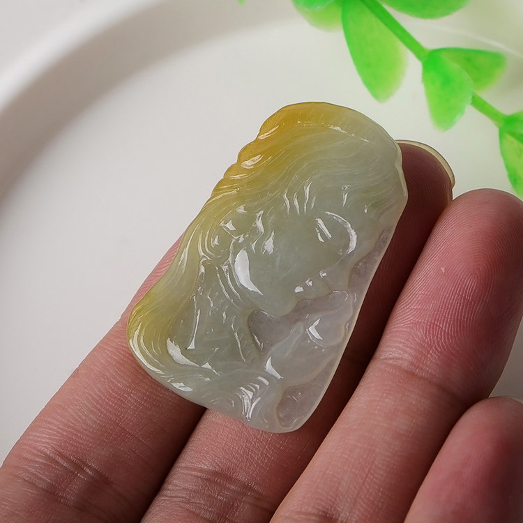 翡翠玉石玉器保真老坑冰糯种黄翡吊坠美女头像颈饰