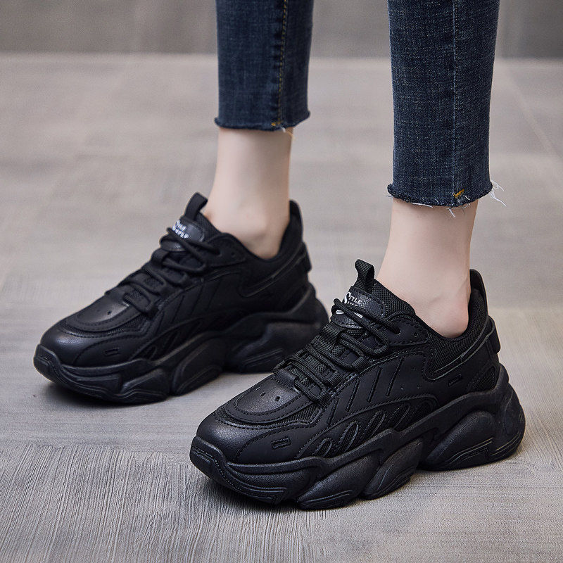 黑色老爹鞋女春夏软底防滑运动鞋久站不累厚底帆布鞋
