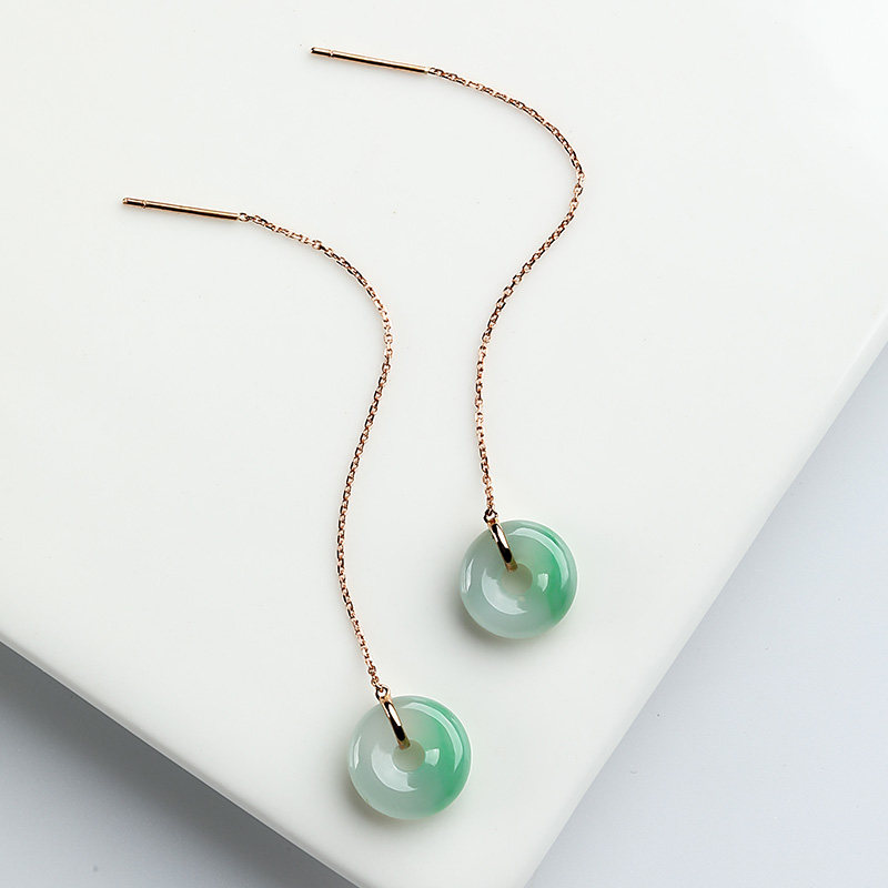 初源冰种飘绿平安扣耳环 18k金镶嵌耳坠耳线女款 天然a货带证书