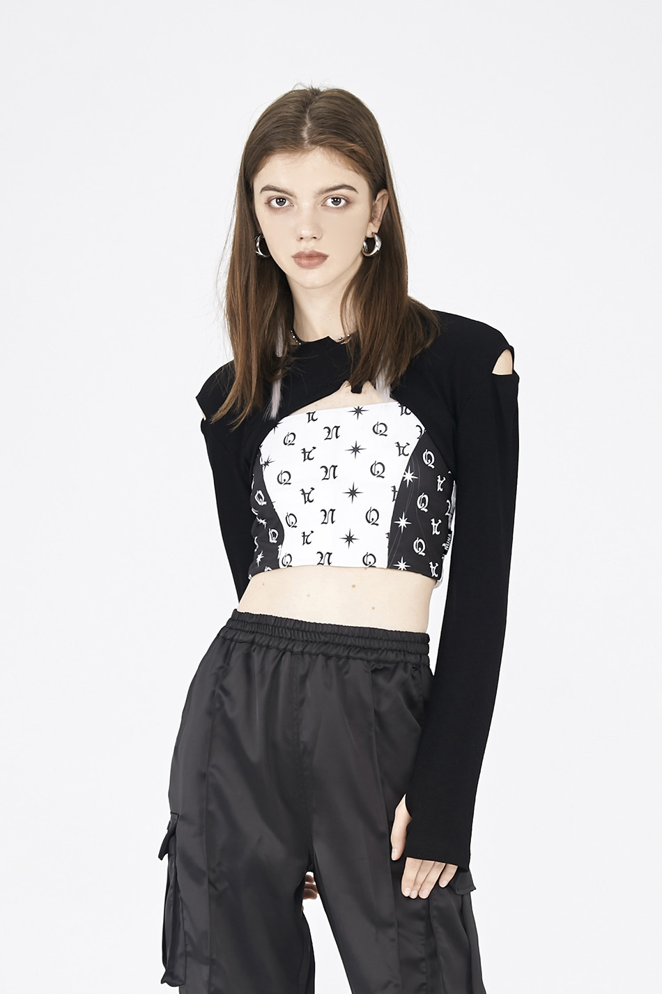 ANYQUESTION/黑白两色 超短款搭配用 切角长袖上衣外套