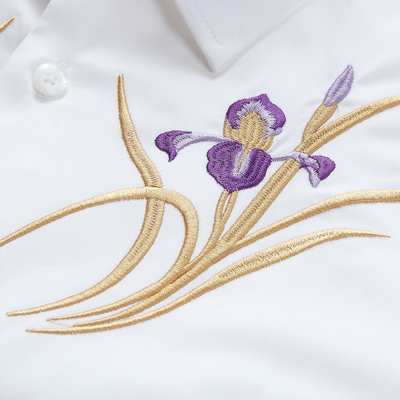 gievescharles新款中国国风兰花刺绣图案短袖休闲时尚衬衫